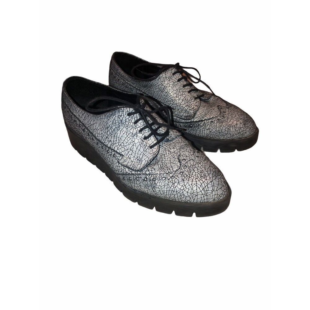 Shellys London Cracked Wingtip Oxford Shoes Womens 38 7 Chunky Platform Gray‎